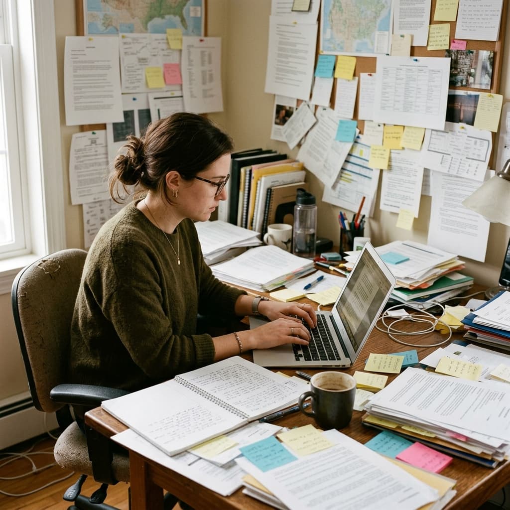 A researcher working in a paper-filled workspace